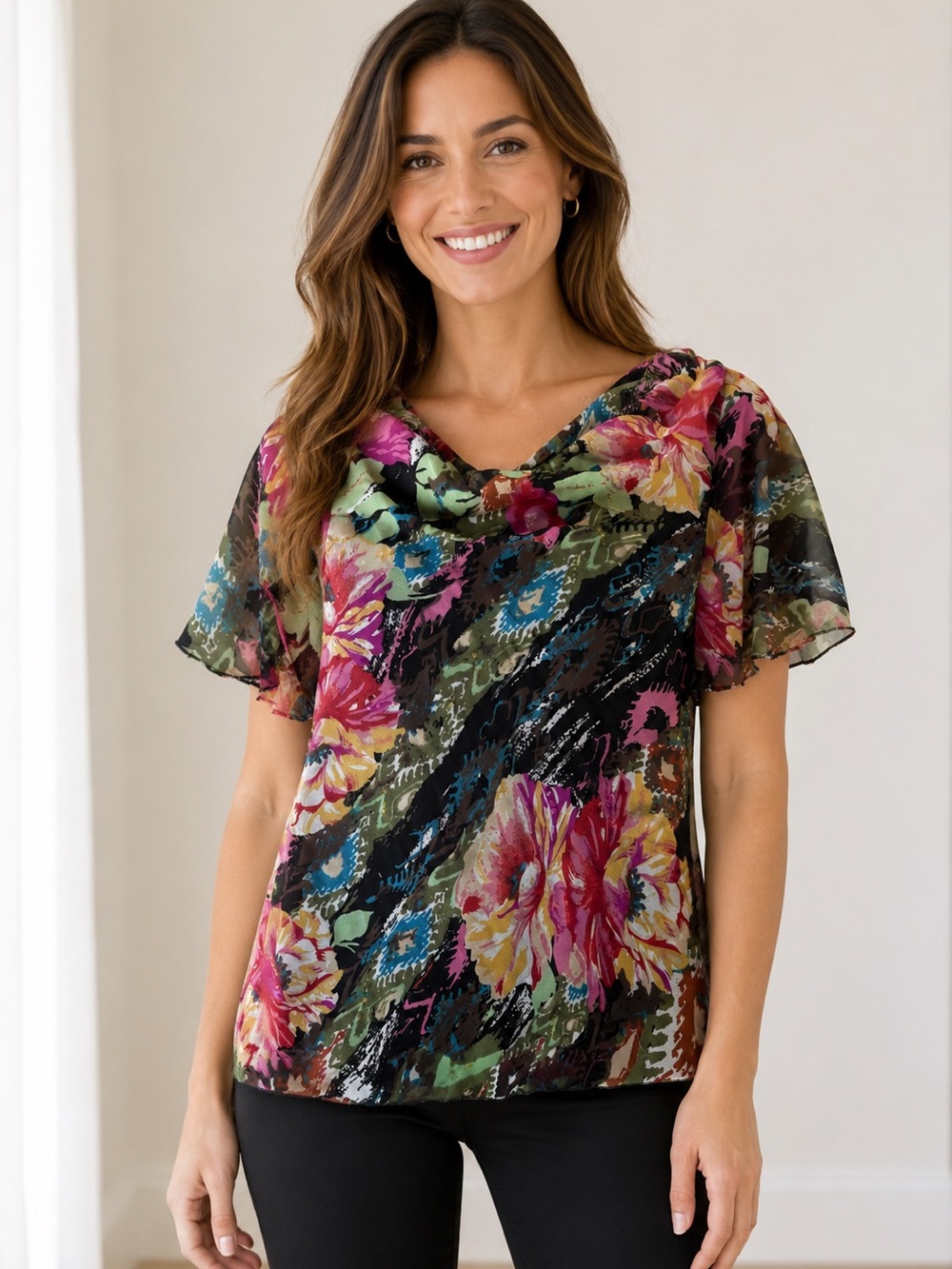 Lola P. Floral Draped Neck Short Sleeve Blouse - Black Multiu Size Small